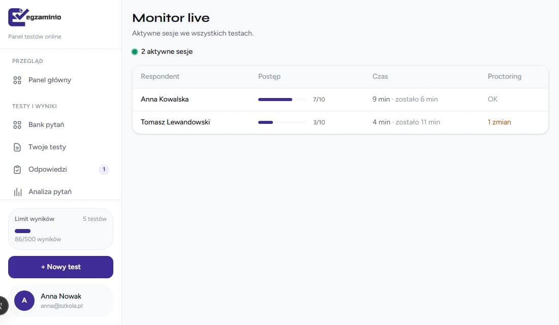 Monitor live aktywnych sesji klasy