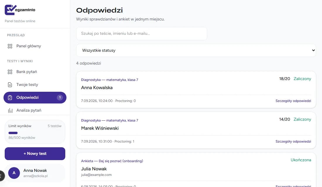 Tabela wyników sprawdzianu diagnostycznego