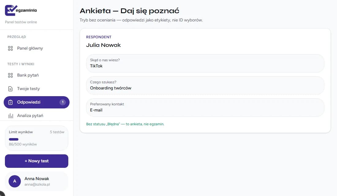 Tryb ankiety - odpowiedzi bez oceniania